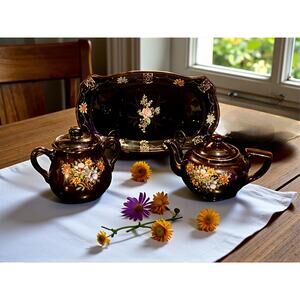 Vintage Japanese Moriage Redware Tea Set Creamer Sugar Tray-Brown Gold-Enamel